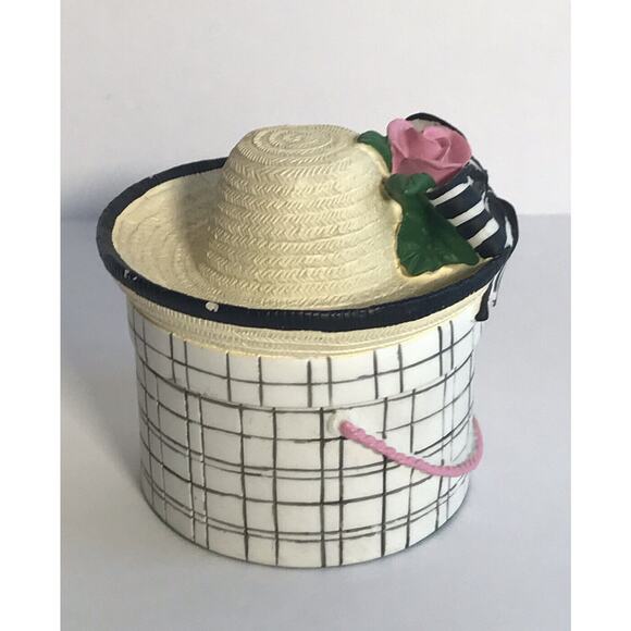 Vintage Women's Hat Ceramic Trinket Box Artisan Flair Pink Rose Bow Novelty - Picture 4 of 12